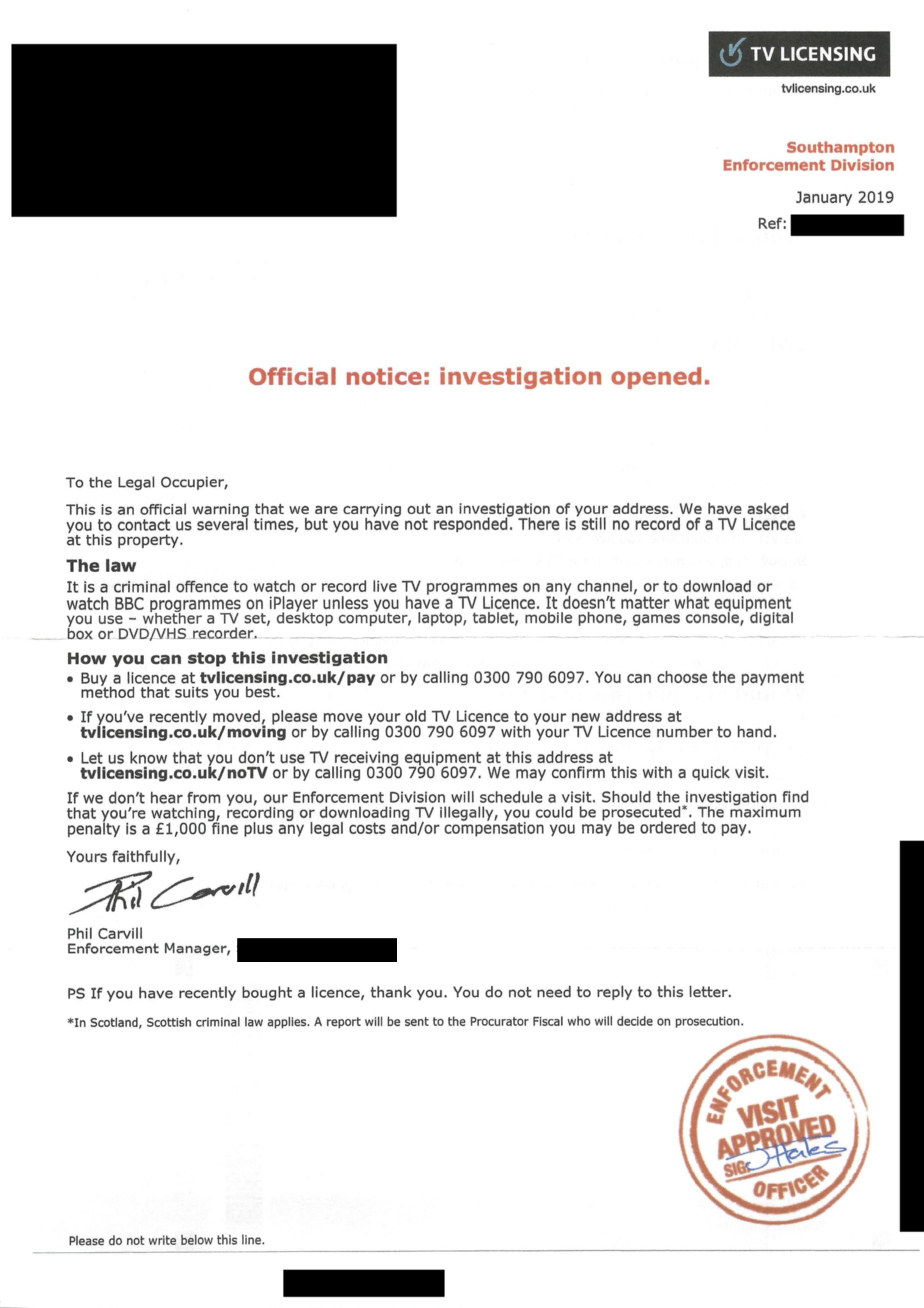 Tv licence letter